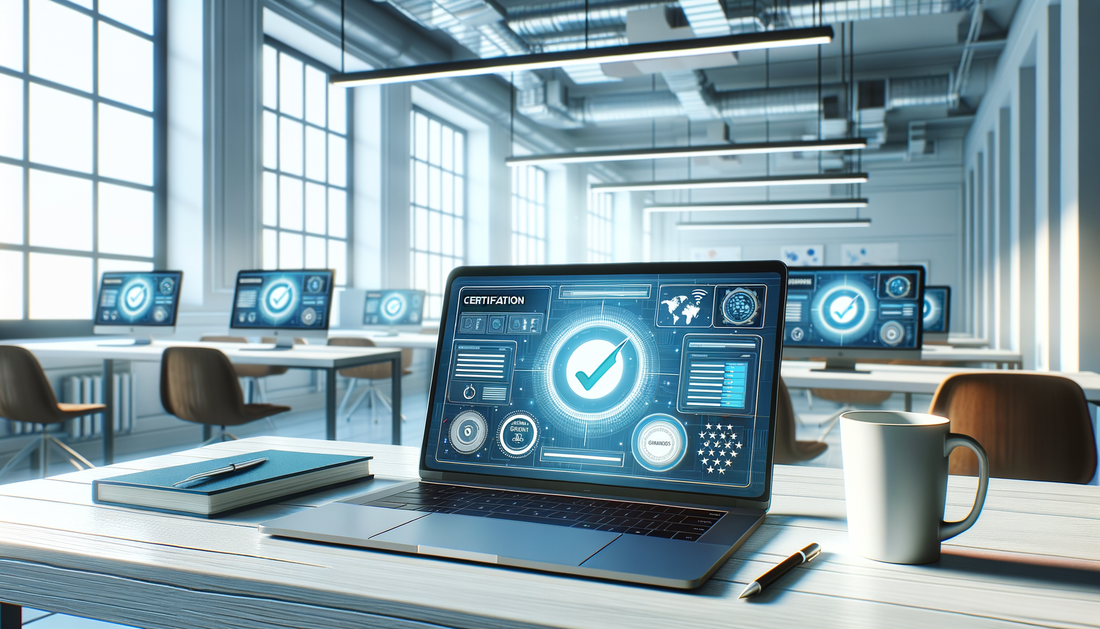 bright workspace with laptops showing certification dashboards, soft light, modern and organized