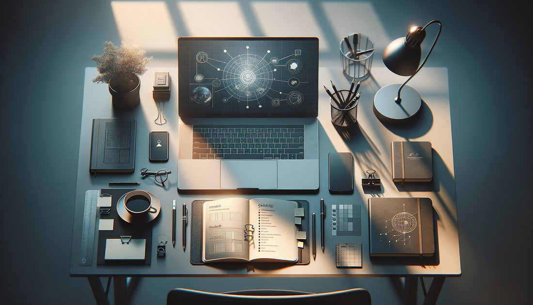 laptop and study materials on clean desk in soft morning light