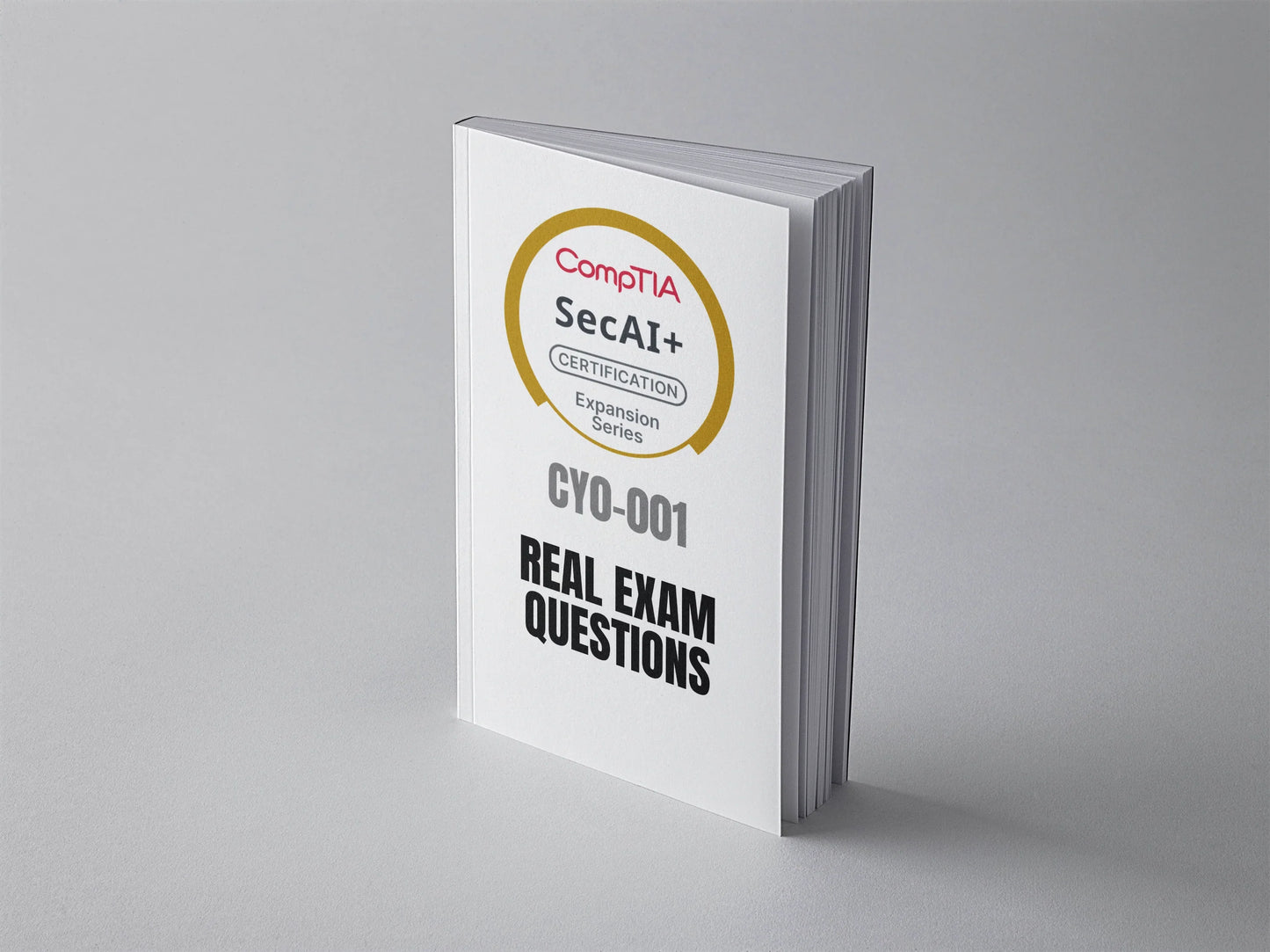 CompTIA SecAI+ CY0-001 exam practice questions book by Daily Debian, standing cover mockup with title and design elements