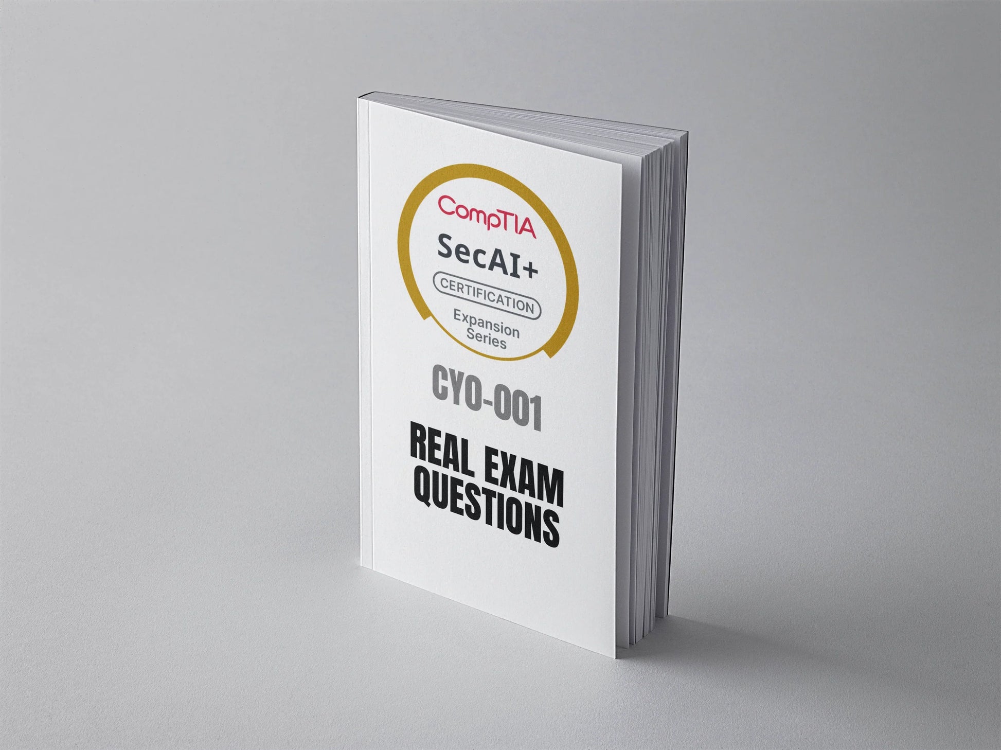 CompTIA SecAI+ CY0-001 exam practice questions book by Daily Debian, standing cover mockup with title and design elements