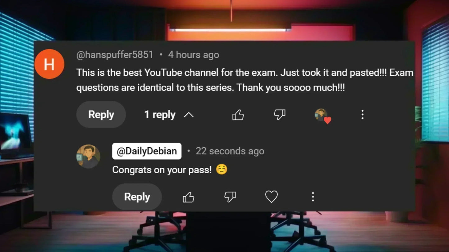 YouTube comment praising CompTIA exam practice questions, with office background