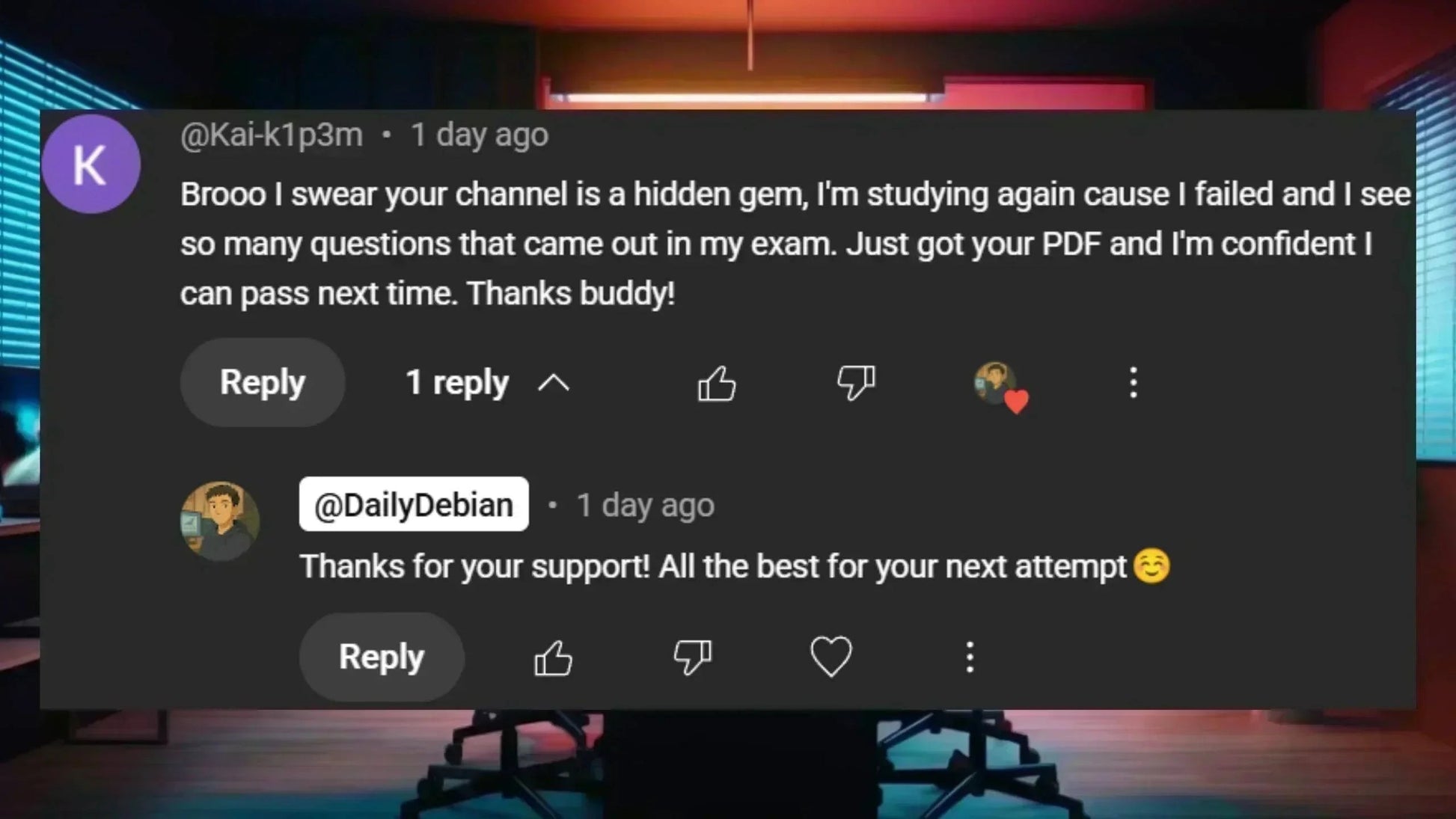 YouTube comment exchange about IT exam questions and study PDF, set against a dark tech-themed background.
