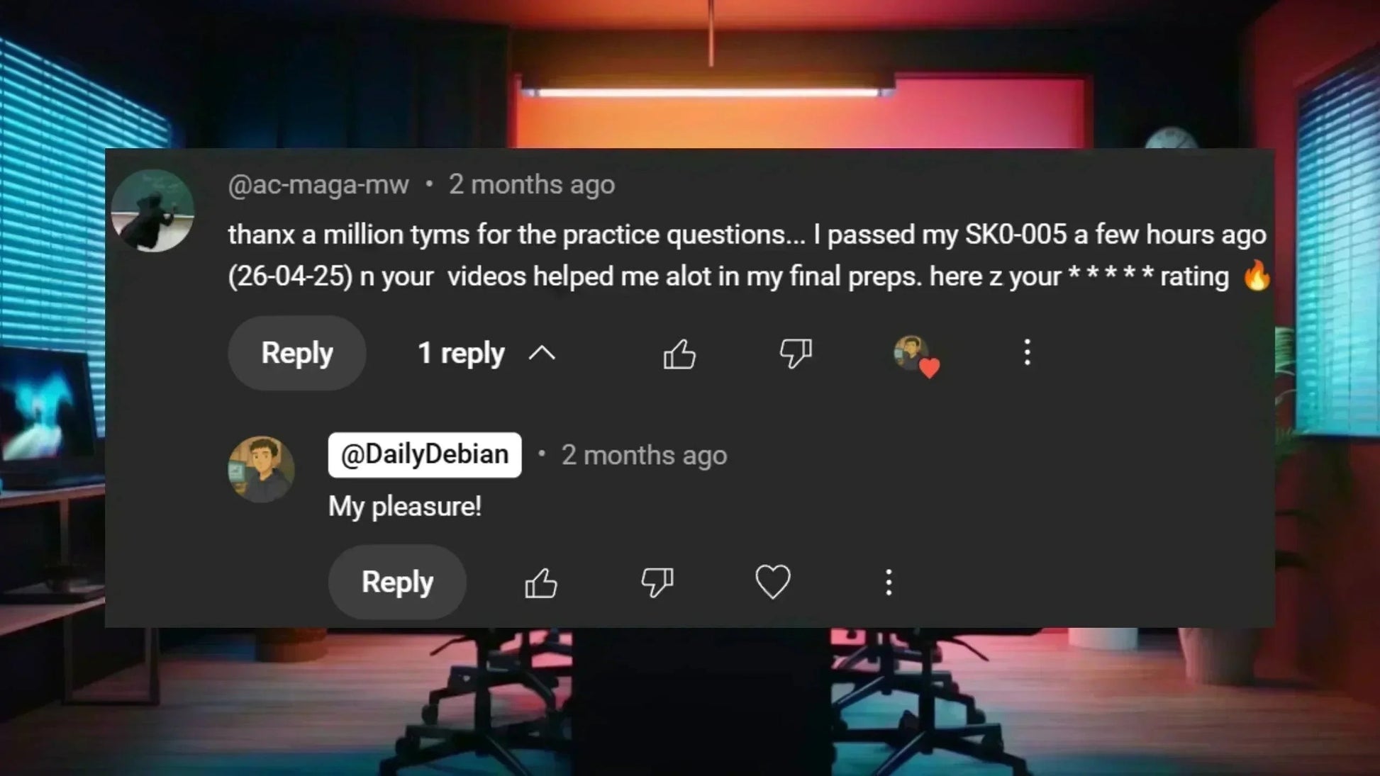 Social media comment praising IT exam practice questions overlayed on a modern office background.