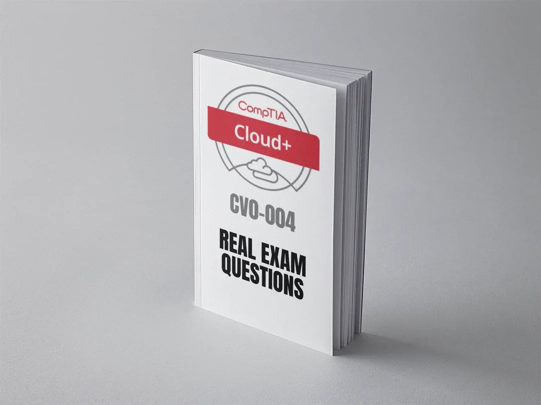 CompTIA Cloud+ CV0-004 exam practice questions booklet showing sample questions and answers for cloud certification exam prep.