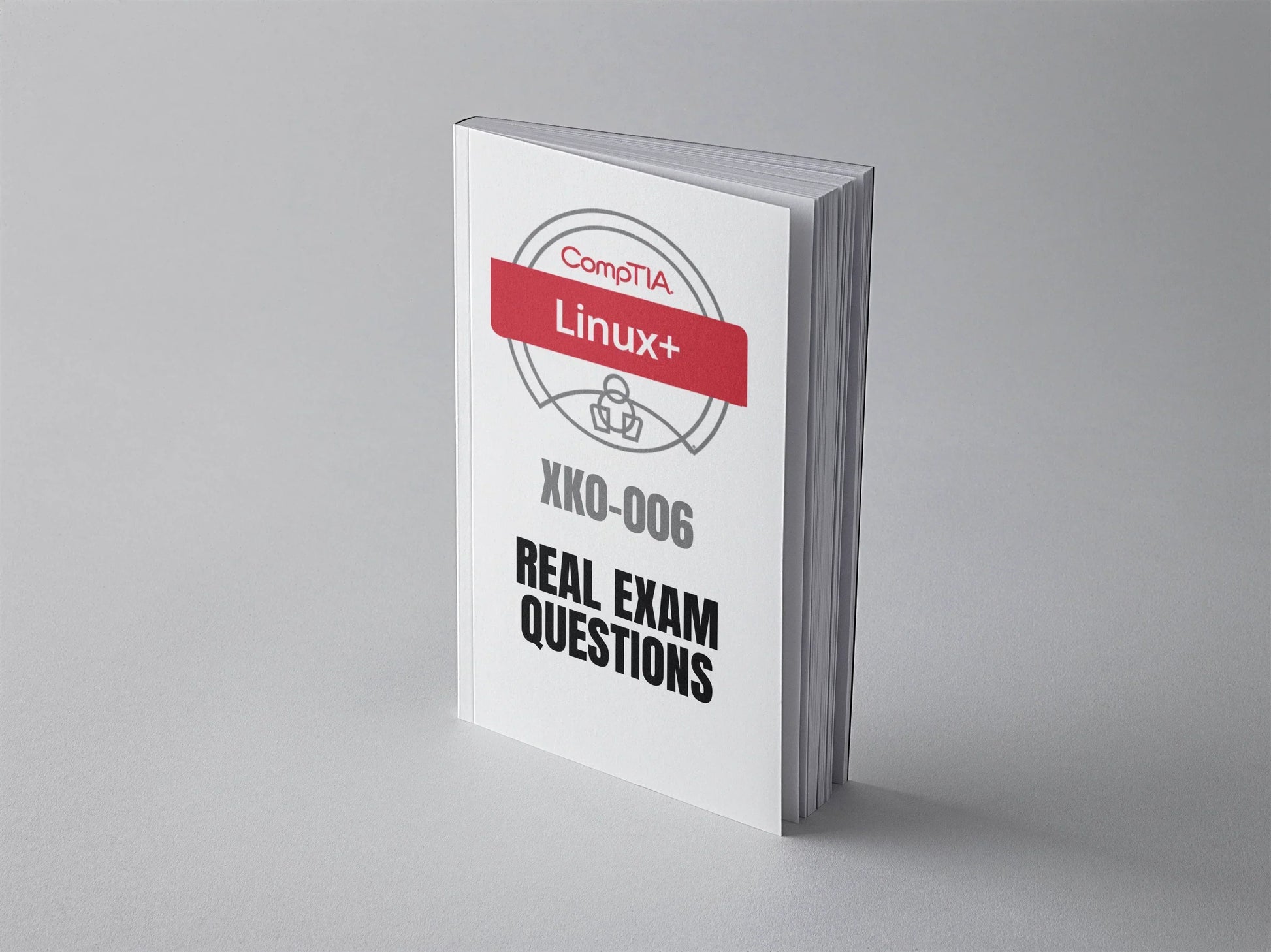 CompTIA Linux+ XK0-006 exam practice questions booklet, featuring sample questions and study materials for Linux+ certification.