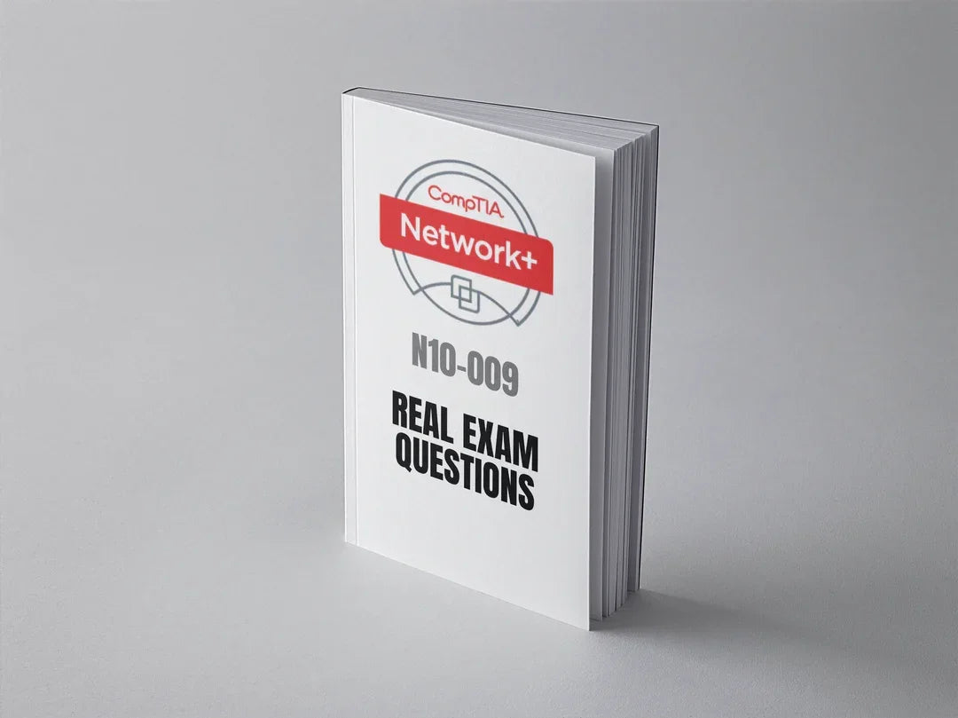 CompTIA Network+ N10-009 exam practice questions booklet with sample questions and answers for certification prep.