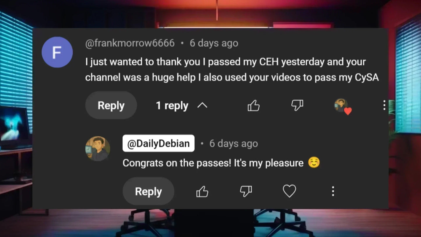 YouTube comment with user thanking a tech channel for helping pass CEH and CySA certification exams.
