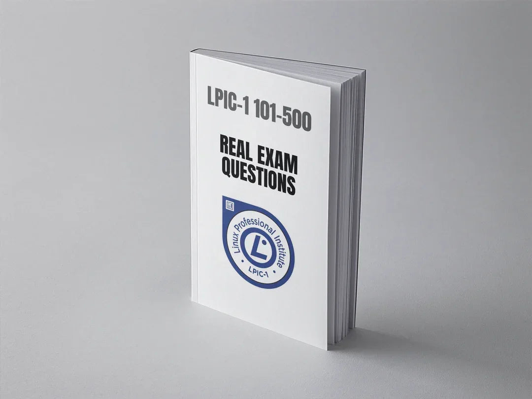 LPIC 1 101-500 real exam questions for Linux certification, shown in an open book with highlighted sections.