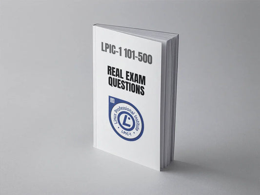 LPIC 1 101-500 real exam questions for Linux certification, shown in an open book with highlighted sections.