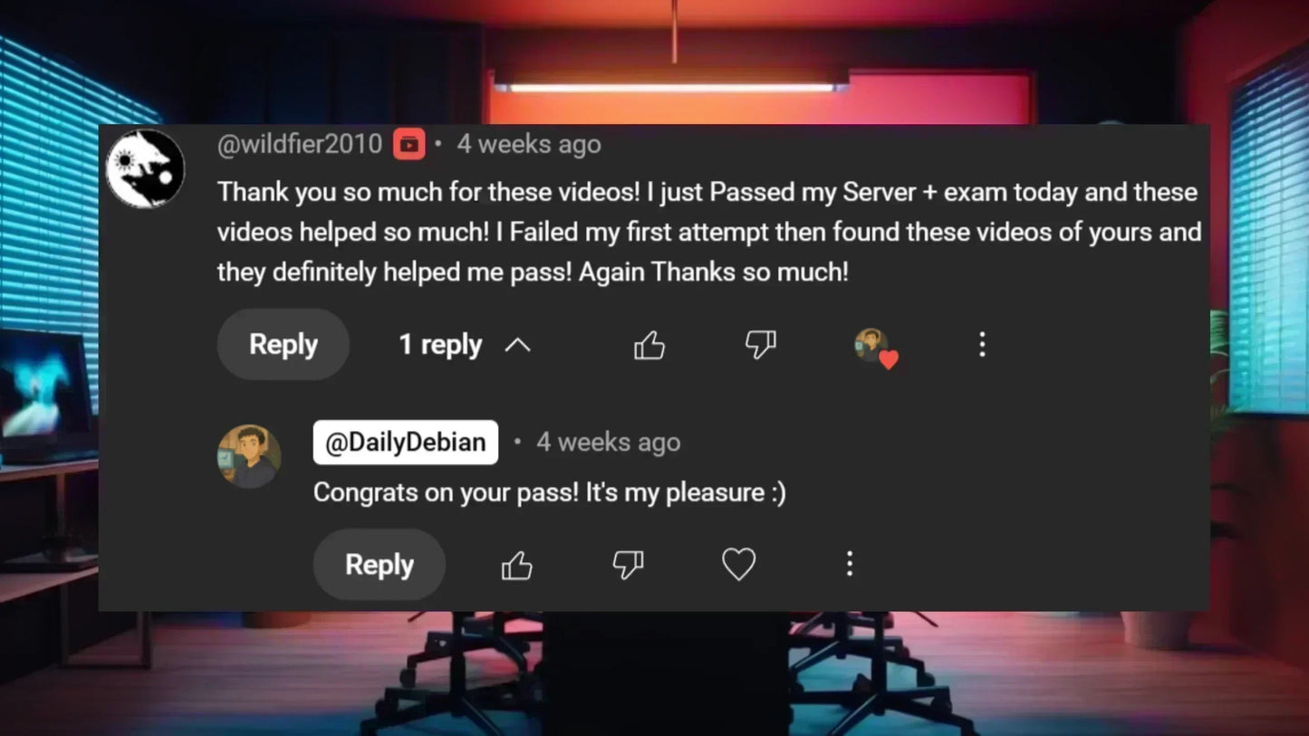YouTube comment praising Server+ exam prep videos, computer desk background, tech study setting